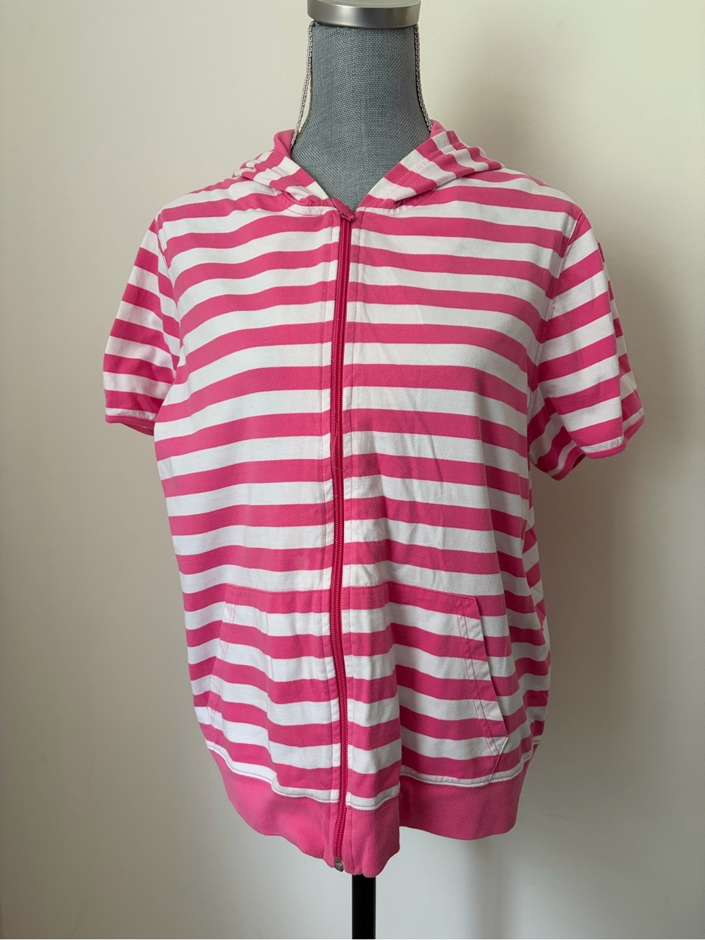 Cato Pink and White Striped Short Sleeve Hoodie Zip Up Top